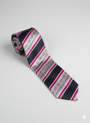 Navy Blue & Fuchsia Floral Striped Silk Tie